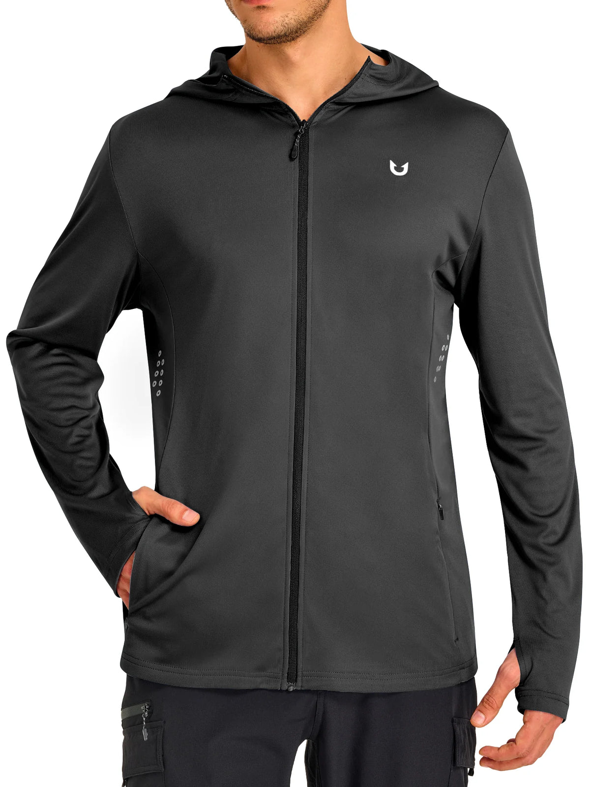 
Men's Sun Protection Full-Zip Running Hoodie with 4 Pockets — NORTHYARD men's black full-zip hooded jacket, front view on model — black