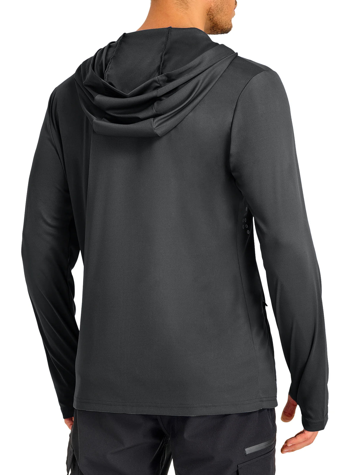 
Men's Sun Protection Full-Zip Running Hoodie with 4 Pockets — NORTHYARD men's black full-zip hooded jacket, back view on model — black