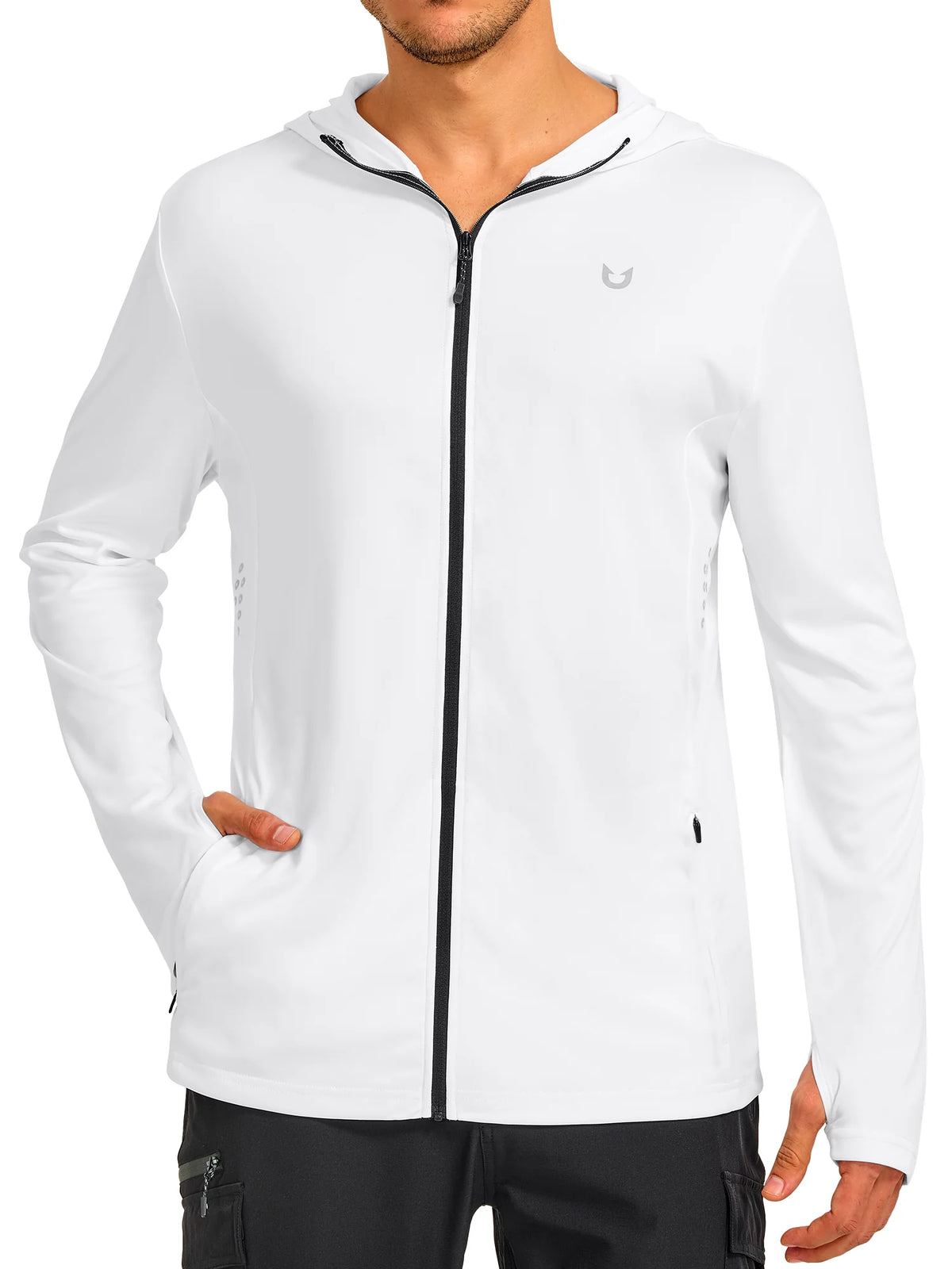 
Men's Sun Protection Full-Zip Running Hoodie with 4 Pockets — NORTHYARD men's white full-zip hooded jacket, front view on model — white