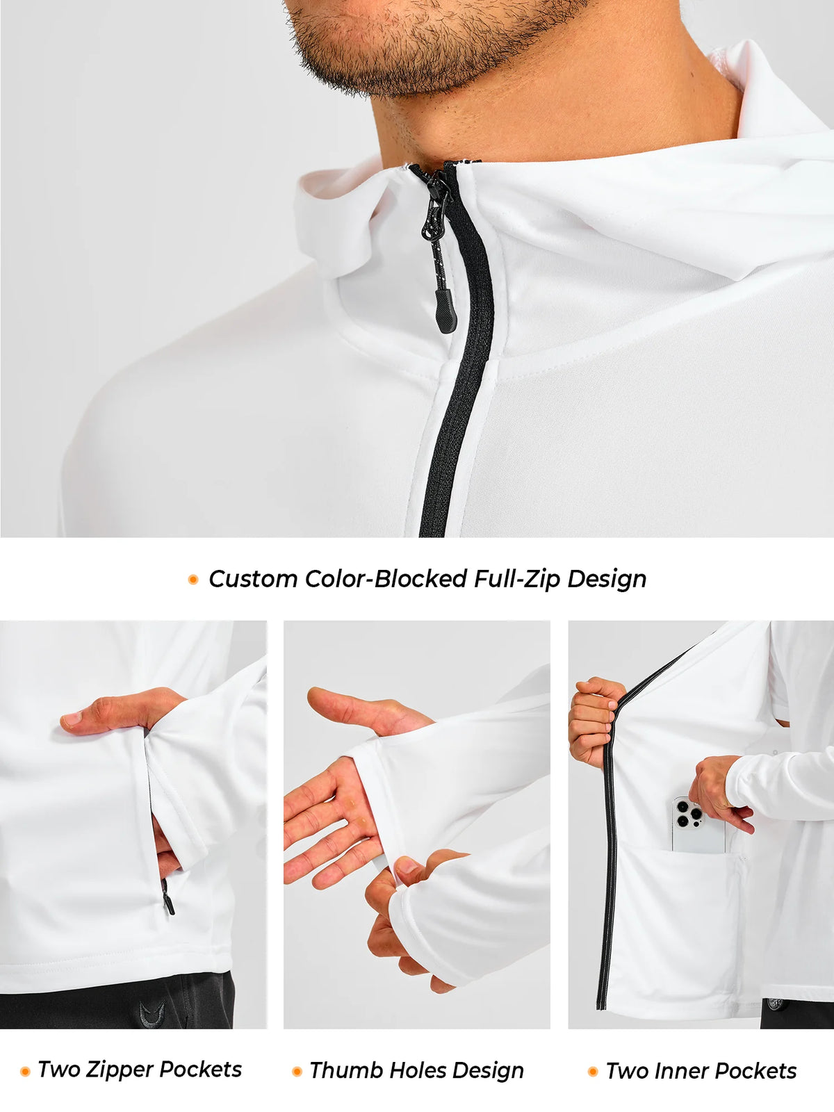 
Men's Sun Protection Full-Zip Running Hoodie with 4 Pockets — NORTHYARD men's white full-zip hooded jacket, zipper, pocket and thumbhole details — white