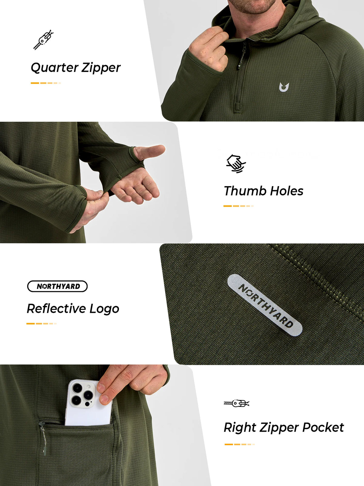 
Men's Quarter-Zip Waffle Fleece Running Hoodie with Thumbholes — Men's quarter-zip waffle fleece hoodie in Army Green — army green