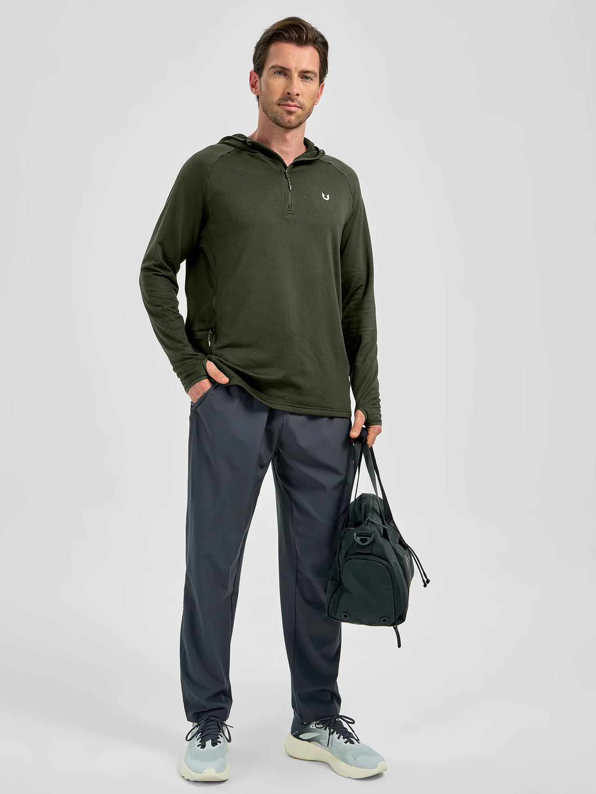 
Men's Quarter-Zip Waffle Fleece Running Hoodie with Thumbholes — Men's quarter-zip waffle fleece hoodie in Army Green — army green