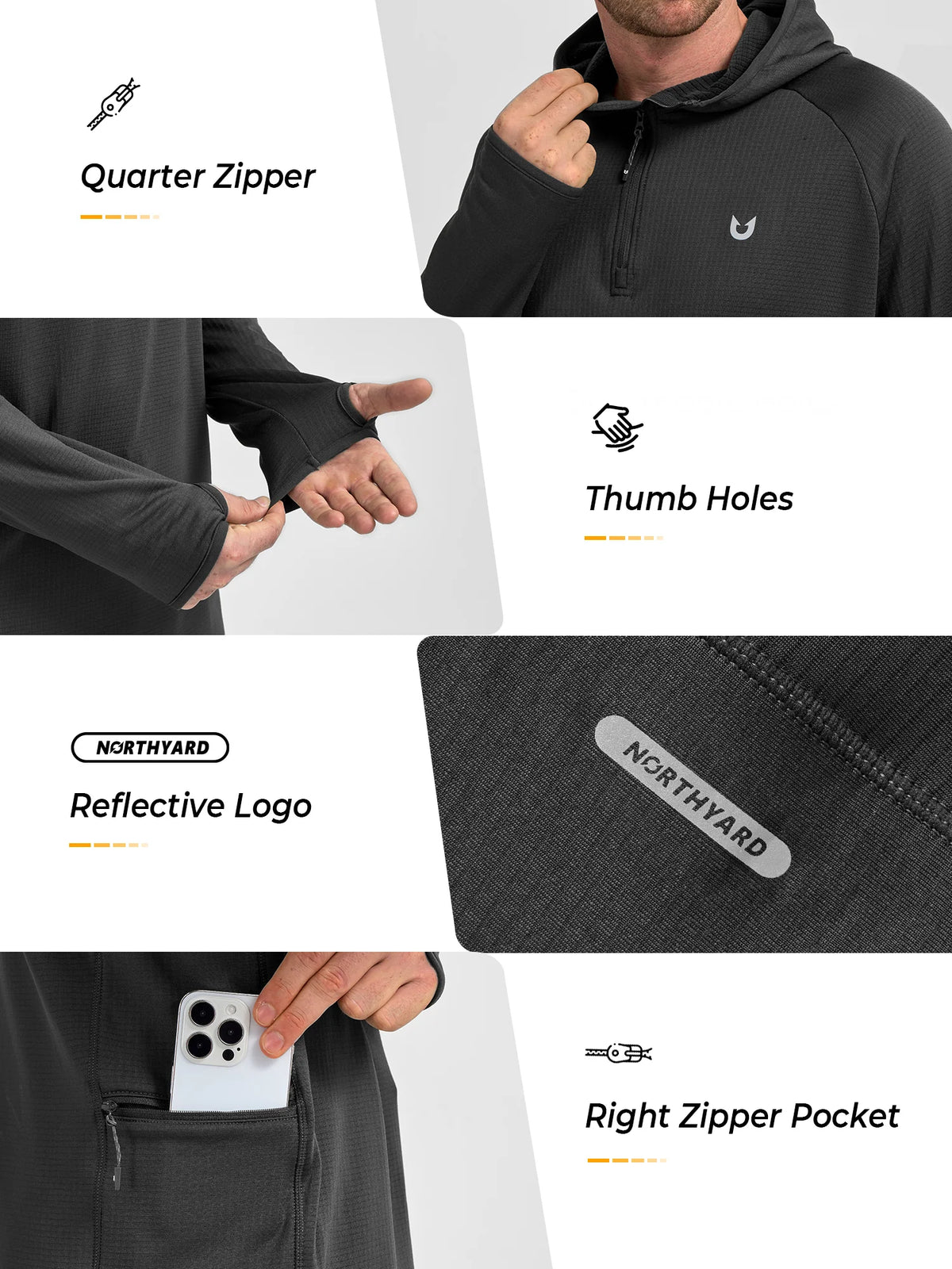 
Men's Quarter-Zip Waffle Fleece Running Hoodie with Thumbholes — Men's quarter-zip waffle fleece hoodie in Black — black
