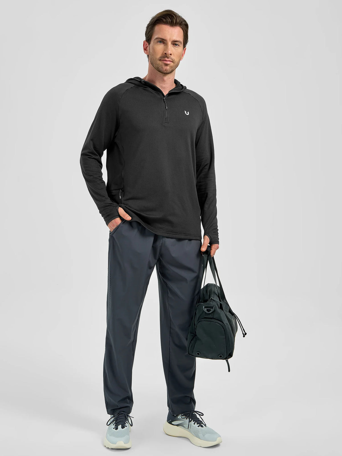 
Men's Quarter-Zip Waffle Fleece Running Hoodie with Thumbholes — Men's quarter-zip waffle fleece hoodie in Black — black