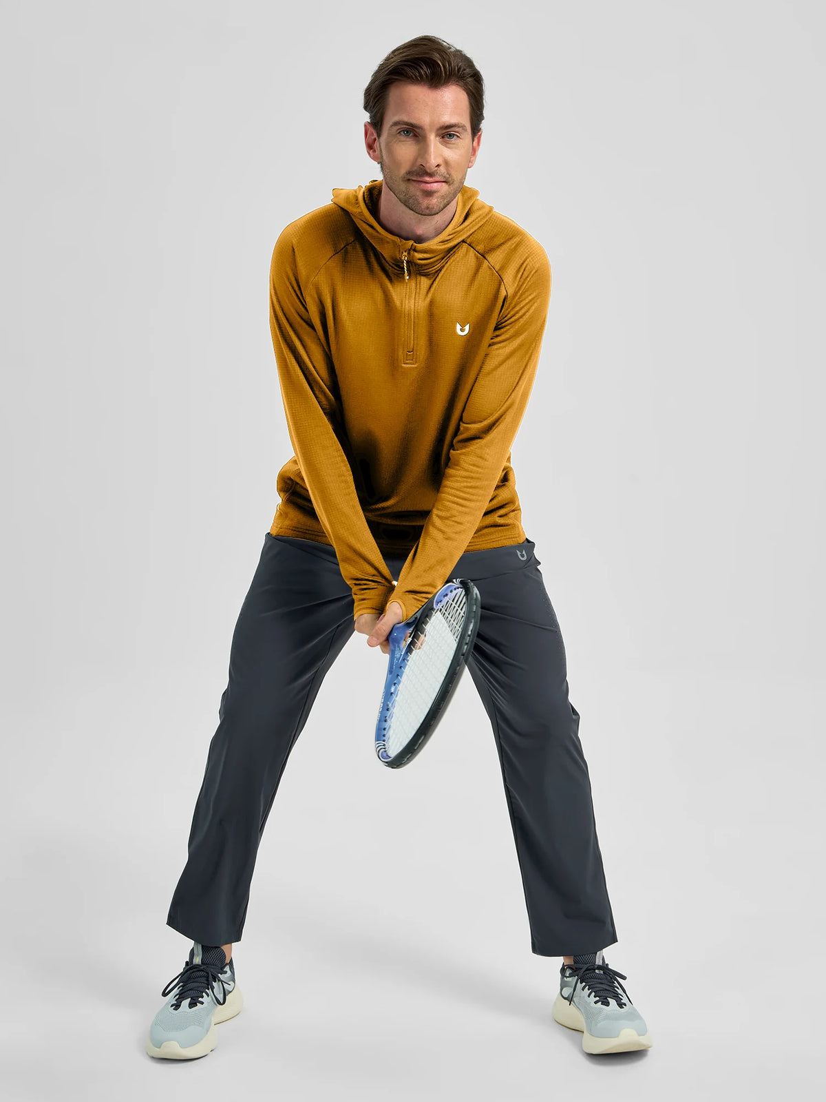
Men's Quarter-Zip Waffle Fleece Running Hoodie with Thumbholes — Men's quarter-zip waffle fleece hoodie in Brown — brown