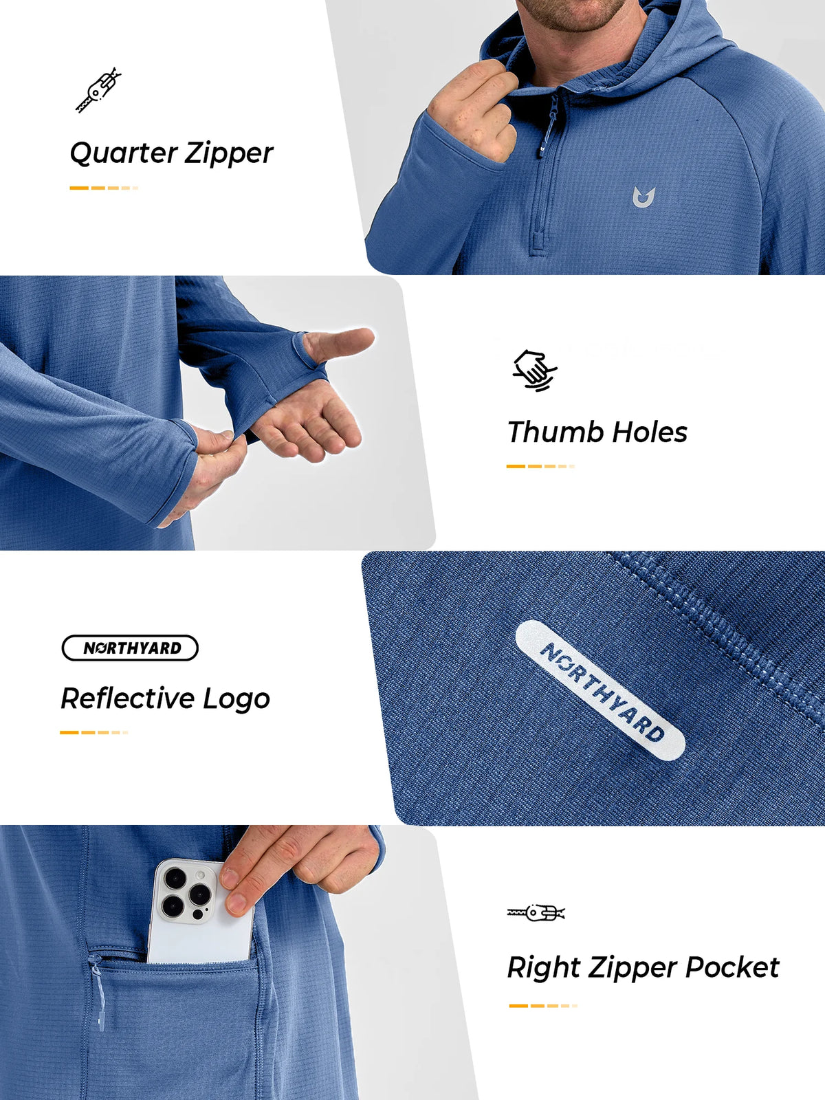 
Men's Quarter-Zip Waffle Fleece Running Hoodie with Thumbholes — Men's quarter-zip waffle fleece hoodie in Dusty Blue — dusty blue