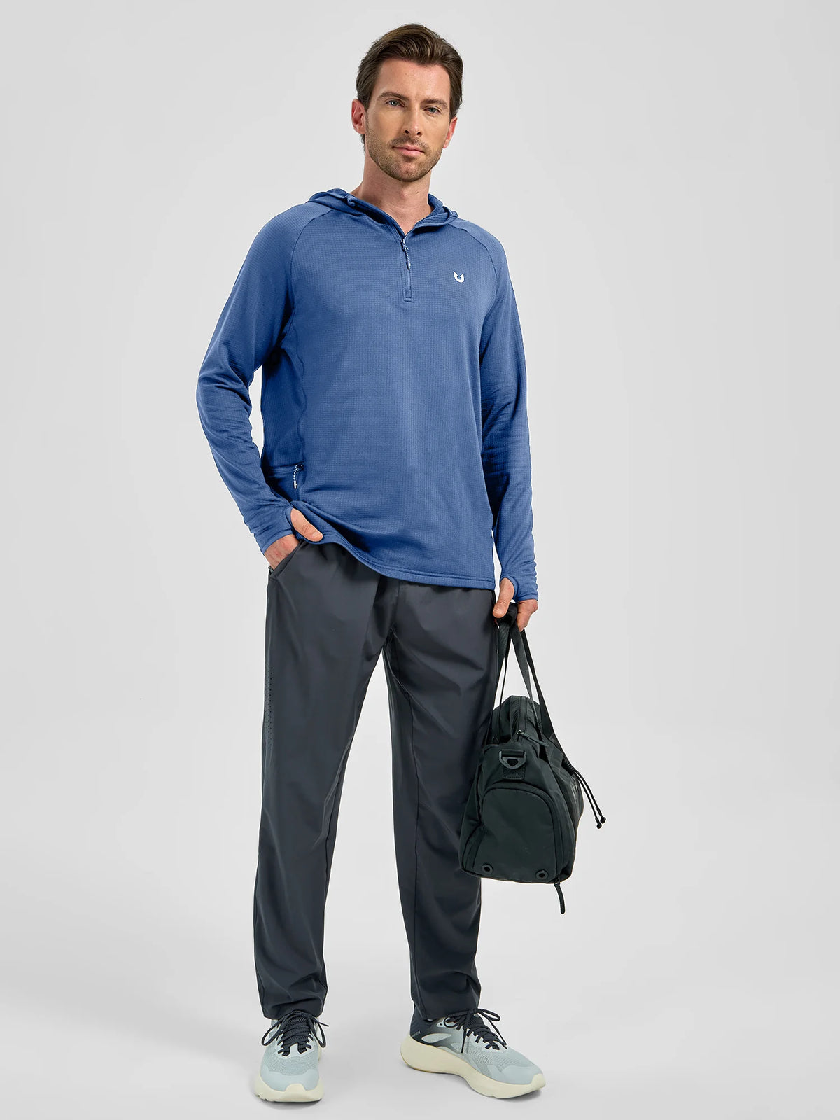 
Men's Quarter-Zip Waffle Fleece Running Hoodie with Thumbholes — Men's quarter-zip waffle fleece hoodie in Dusty Blue — dusty blue