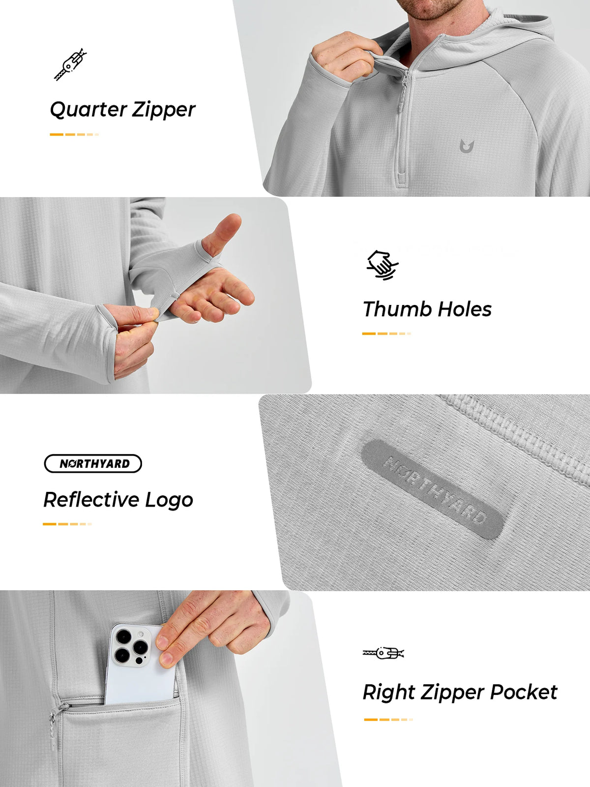 
Men's Quarter-Zip Waffle Fleece Running Hoodie with Thumbholes — Men's quarter-zip waffle fleece hoodie in Light Grey — light grey