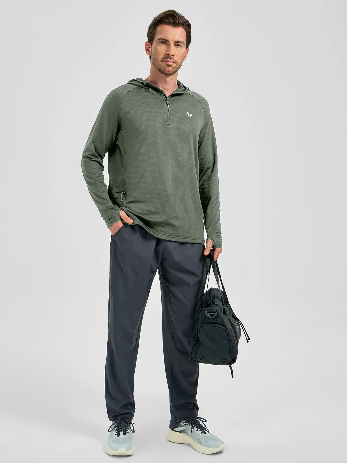 
Men's Quarter-Zip Waffle Fleece Running Hoodie with Thumbholes — Men's quarter-zip waffle fleece hoodie in Sage Green — sage green