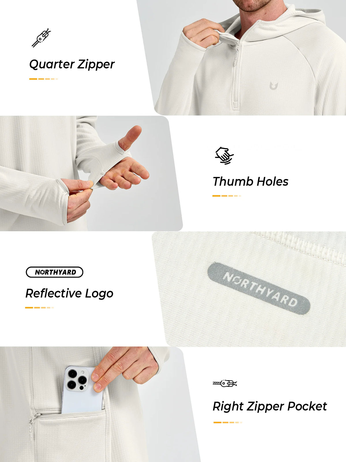 
Men's Quarter-Zip Waffle Fleece Running Hoodie with Thumbholes — Men's quarter-zip waffle fleece hoodie in White — white