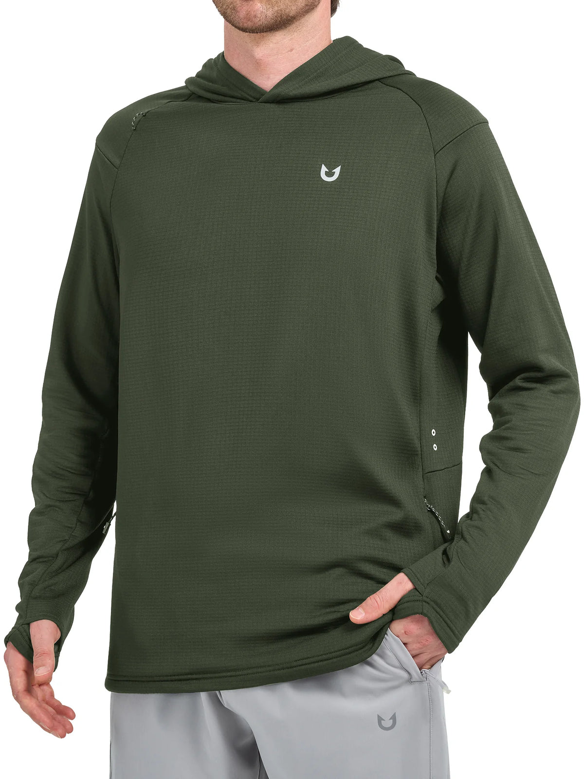 
Men's Waffle Fleece Pullover Running Hoodie with Zipper Pockets — Men's waffle fleece pullover hoodie in Army Green — army green