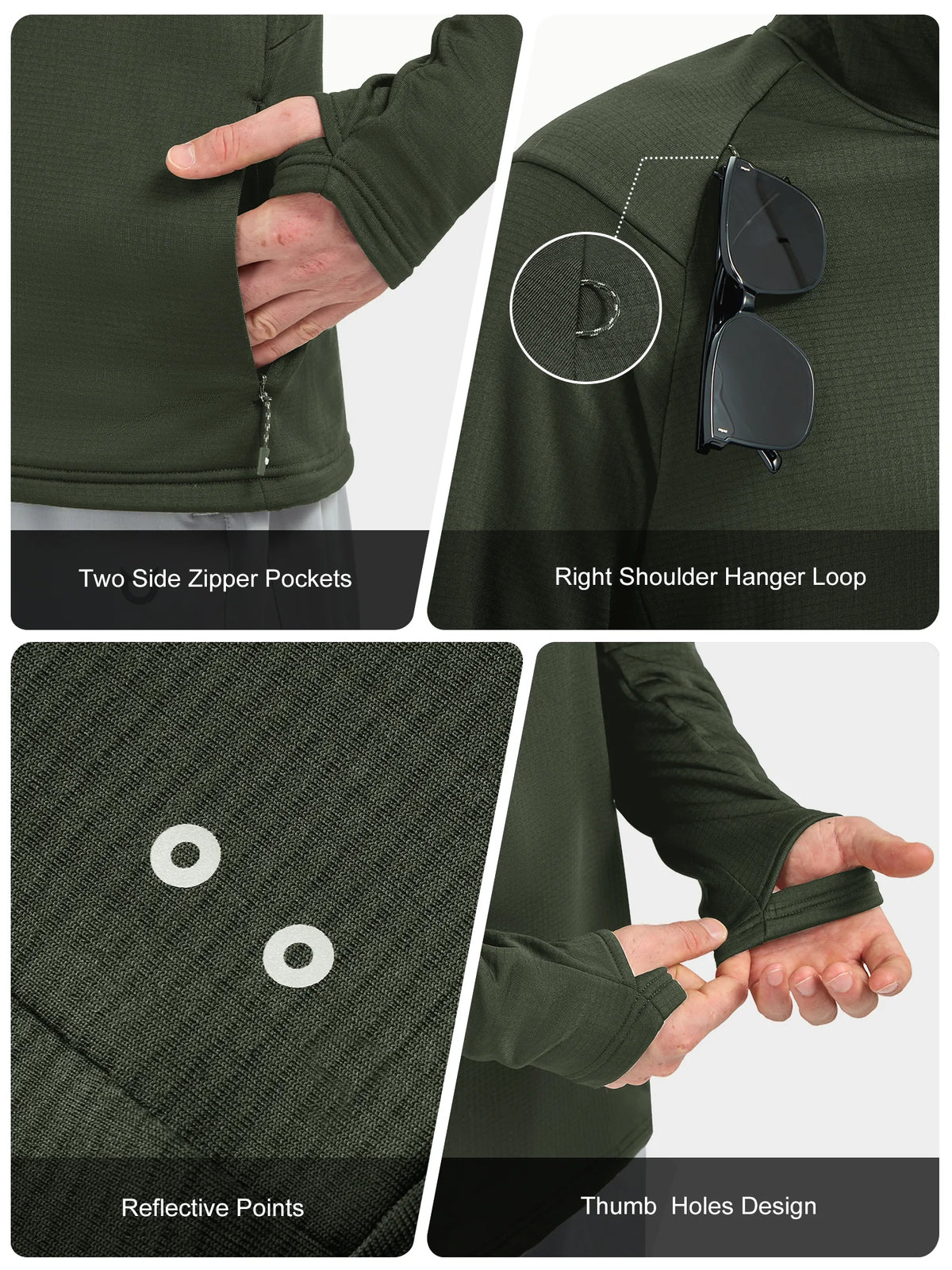 
Men's Waffle Fleece Pullover Running Hoodie with Zipper Pockets — Men's waffle fleece pullover hoodie in Army Green — army green