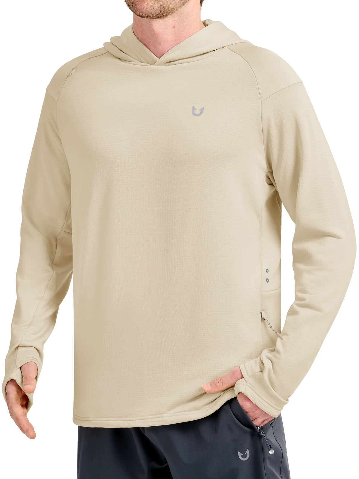 
Men's Waffle Fleece Pullover Running Hoodie with Zipper Pockets — Men's waffle fleece pullover hoodie in Light Khaki — light khaki